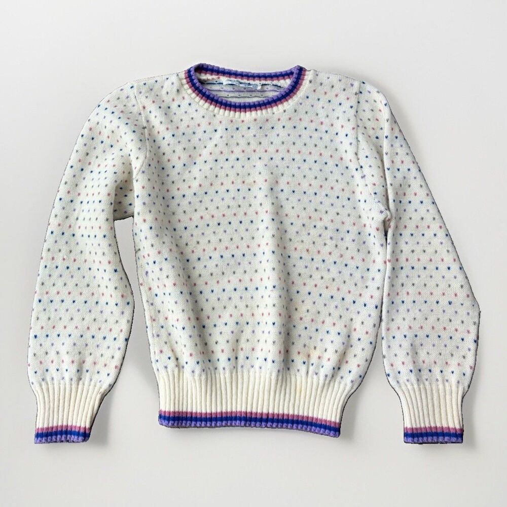 Vtg Jane Adams Confetti Knit Sweater Womens XS Cream Colorful Speckled Pointelle